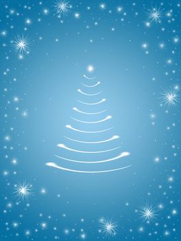 christmas tree drawn by white lights over blue background 
