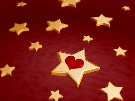 3d golden stars and red heart over red background
