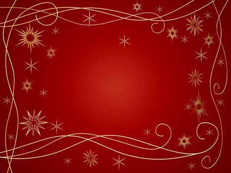 3d golden snowflakes over red background with feather center
