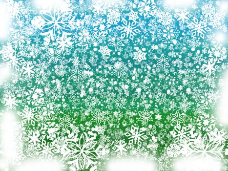 white snowflakes over green and blue background with feather corners
