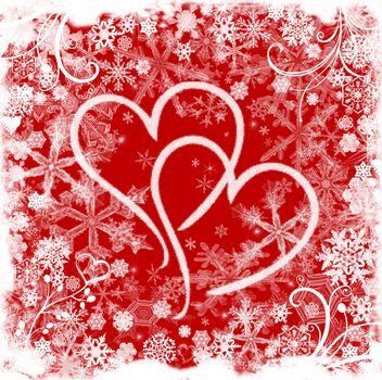Red white illustrated valentine background with hearts, snowflakes and flowers
