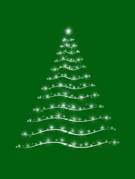 christmas tree drawn by white lights over green background 
