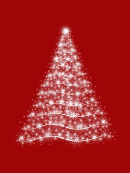 christmas tree drawn by white lights over red background 
