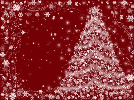 christmas tree drawn by white snowflakes over red background 
