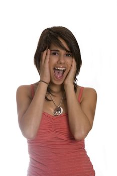 Girl teenager holding her face with fear expression