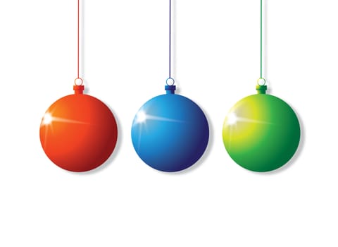 Three christmas bauble decorations set on an isolated white background. Room for copy etc.