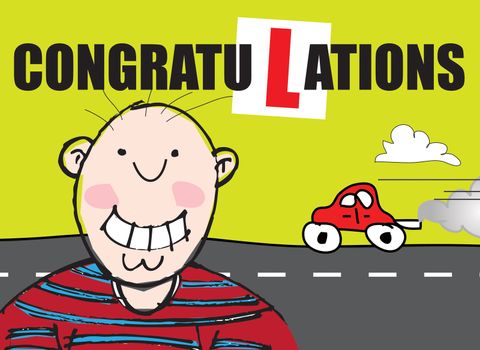 A landscape format naive cartoon styled illustration with a congratulatory message for passing a driving lesson. Male character based.