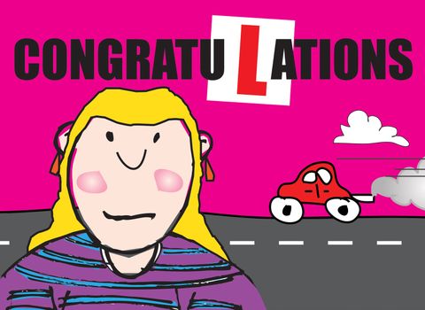 A landscape format naive cartoon styled illustration with a congratulatory message for passing a driving lesson. Female character based.
