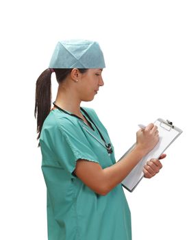 Young woman doctor using a notepad to take down notes, isolated against a white background.