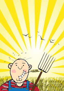 A portrait format naive cartoon styled illustration of a rural farmer boy chewing a head of wheat set against a field of wheat at sunset. Male character based. Room for copy text.