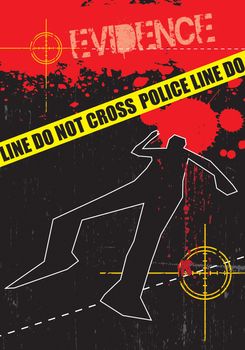 A grunge styled illustration on a crime based theme. Blood,gun targets and body outlines.