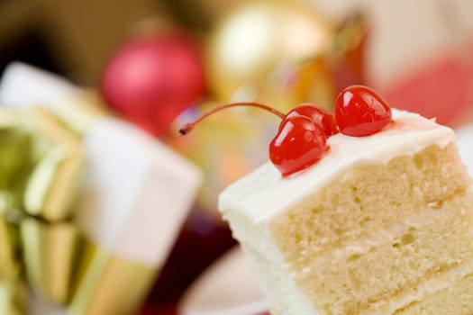 Delicious piece of cake with cherries