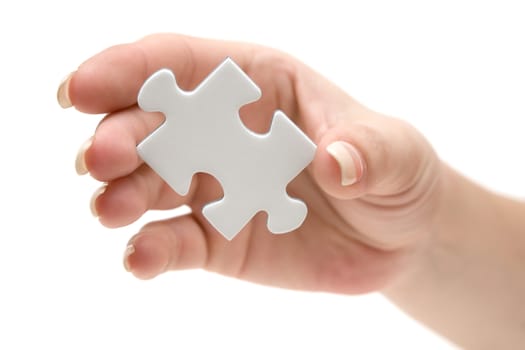 Holding a single jigsaw piece. Shallow depth of field. Isolated on a white background.