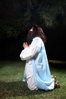 Side view of Jesus in Garden of Gethsemane on knees praying to God.  