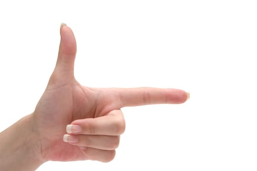 Female hand pointing to the right. Isolated on a white background.