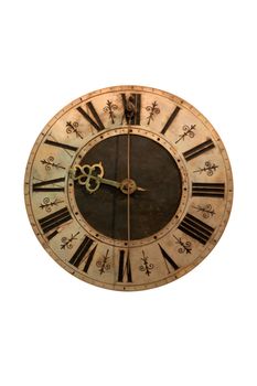 Antiquated clock face isolated on a white background.