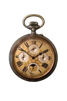 Old metal pocket watch isolated on a white background.