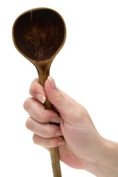 Hand holding a vintage kitchen utensil. Isolated on a white background.