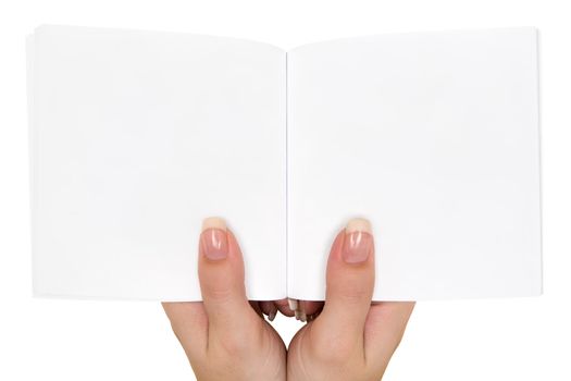 Woman holding a small blank book. Isolated on a white background.