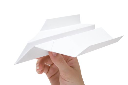 Woman holding a folded plane. Isolated on a white background.
