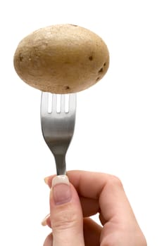 Hand holding a silver fork with a hot potato. Isolated on a white background.