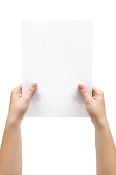 Woman holding a blank sheet of paper. Isolated on a white background.