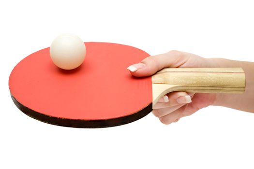 Female hand holding a red table tennis paddle. Isolated on a white background.