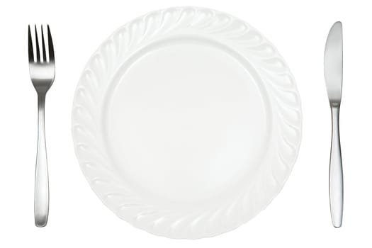 Plate, fork and knife isolated on a white background.