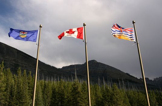 Flags of Alberta, Canada and British Columbia in the wind