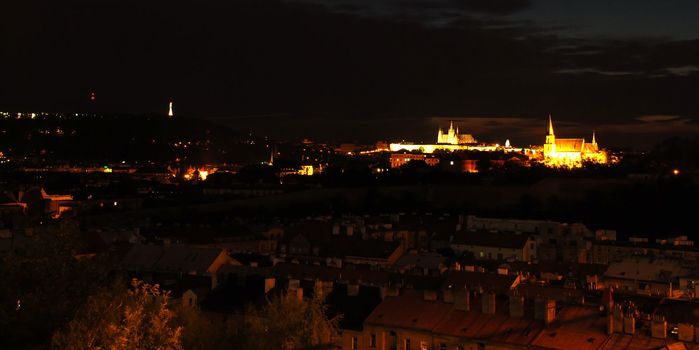 Prague with castle and churches in the night