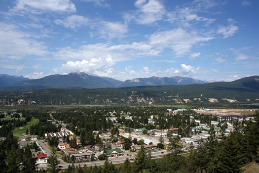 Radium Hot Springs, British Columbia, Canada. Mountain town with mountains in background.
