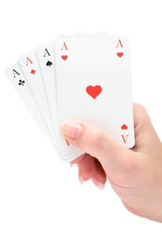 Woman holding playing cards. Isolated on a white background.