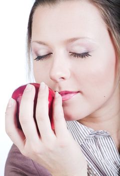  beautiful young smiling woman with red apple.
