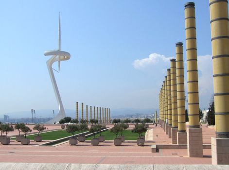 Barcelona - Olympic park with famous telecommunications tower designed by Santiago Calatrava. Montjuic hill.