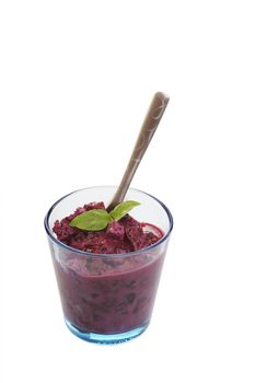 Glass of home made bilberry yogurt with bread crumbs