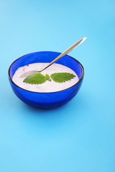 bowl of home made berry yogurt over a light blue background