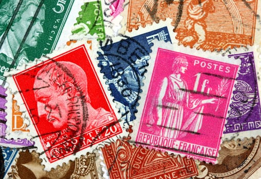 Diverse and colorful postage stamps from various European and Asian countries. Old collection.