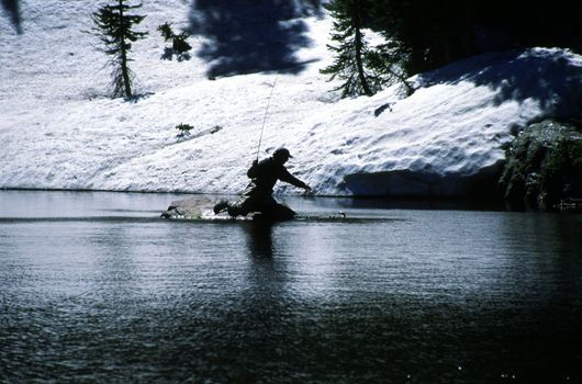 A flyfisherman hauls in a small catch, silhouetted by the snow on a mountain lake. 