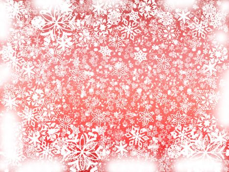 white snowflakes over light red background with feather corners
