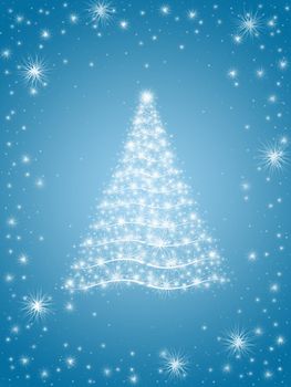 christmas tree drawn by white lights over blue background 
