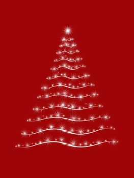 christmas tree drawn by white lights over red background