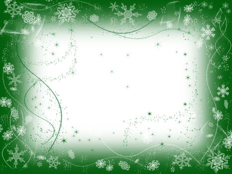 white snowflakes over green background with feather center
