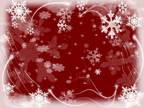 white snowflakes over red background with feather corners