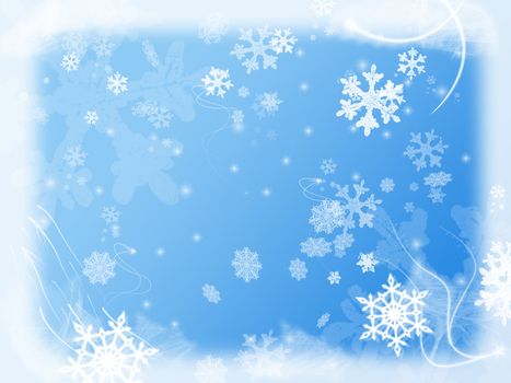 white snowflakes over light blue background with feather corners