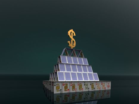 Pyramid from cards. A sign on dollar on top. 3d illustration.