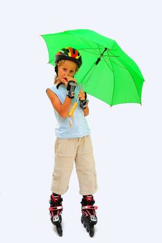 Blond Boy On Roller Skates Under Umbrella  Isolated On White
