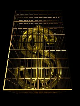 Gold Dollar Sign In Cage On Black Background. 3d Render.