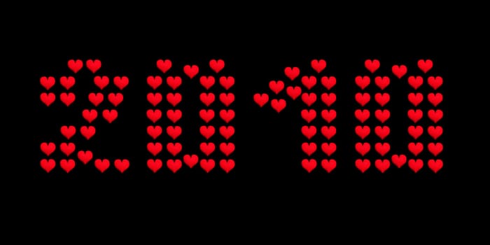 2010 Written In Red Hearts On Black Background. 3d Render