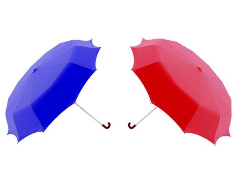 High resolution image red and blue umbrella.  3d illustration over white backgrounds.