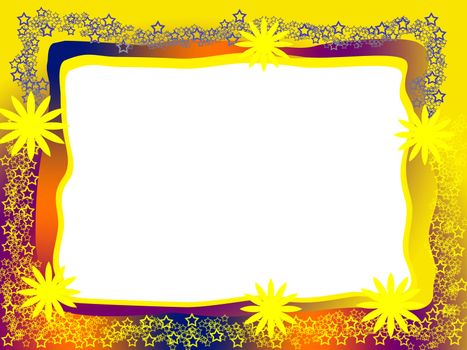 Bright Decorative Frame with Yellow Flowers Lacy Stars and Blank White Background